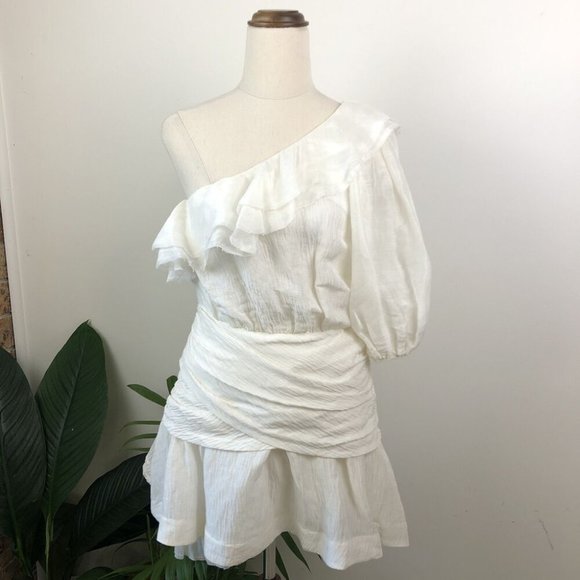 Aje Elvire Silk White Mini Dress Size 8 One Shoulder Ruffle Short Formal Party - Picture 2 of 10